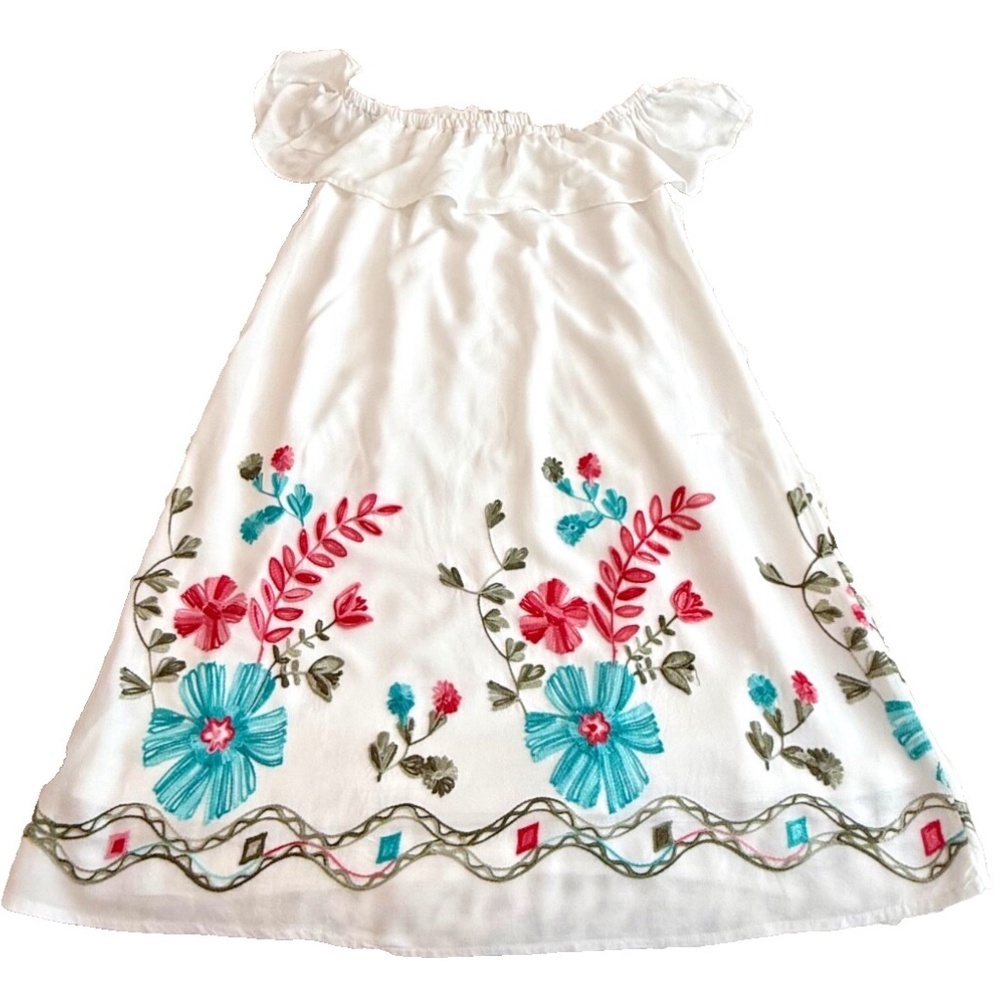 Candalite Boho Off-the Shoulder Embroidered Floral White Rayon Dress; Lined; Med